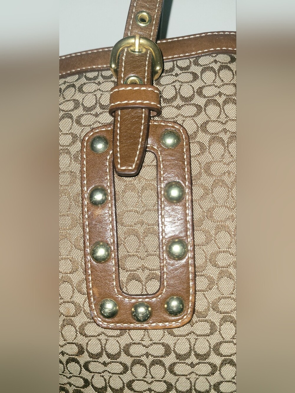 Coach Soho Khaki Signature C Studded Leather Lg Gallery Tote Bag Purse Rare - Picture 2 of 16